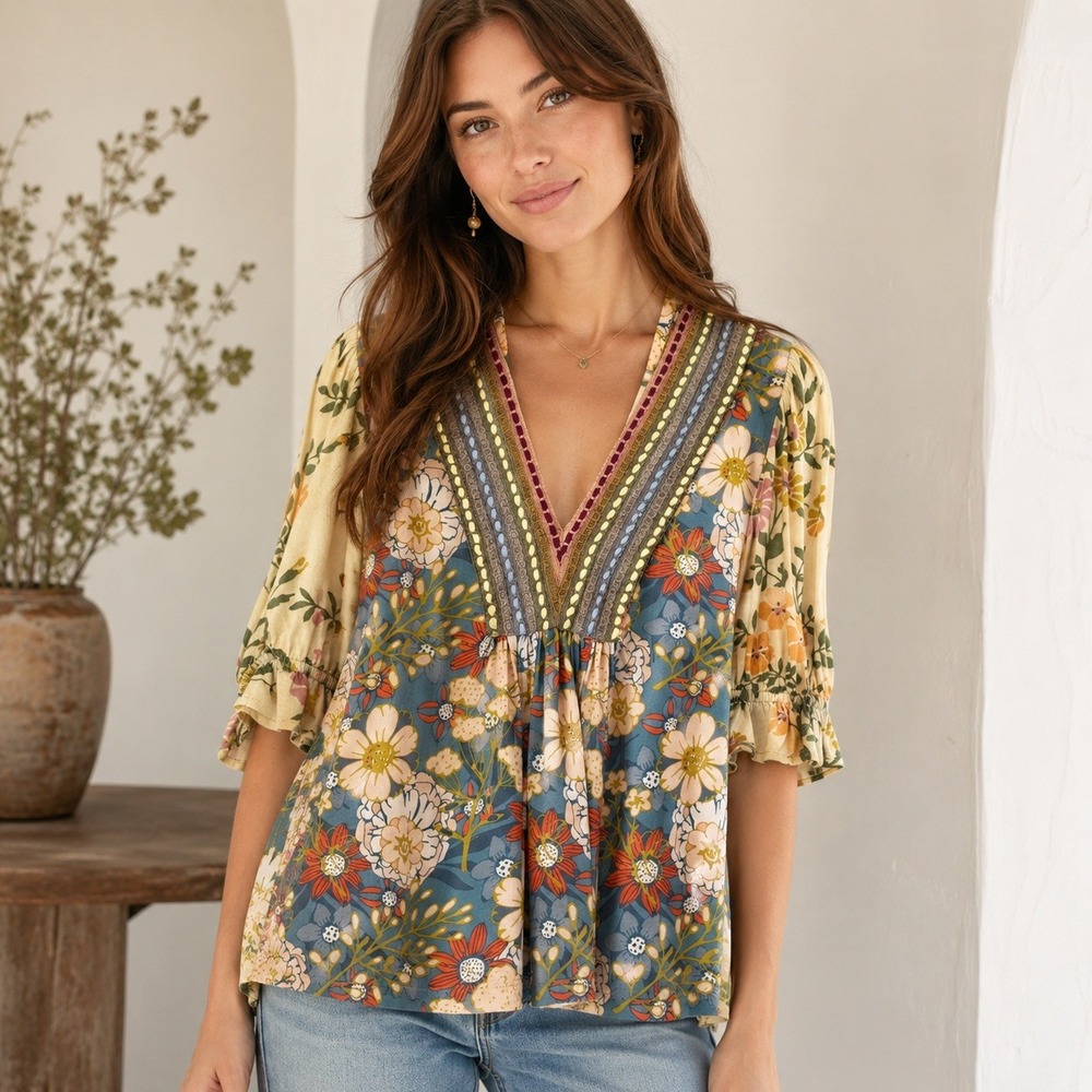 Blank London Floral Tunic Embroidered Boho Blouse Womens Small Multicolor
